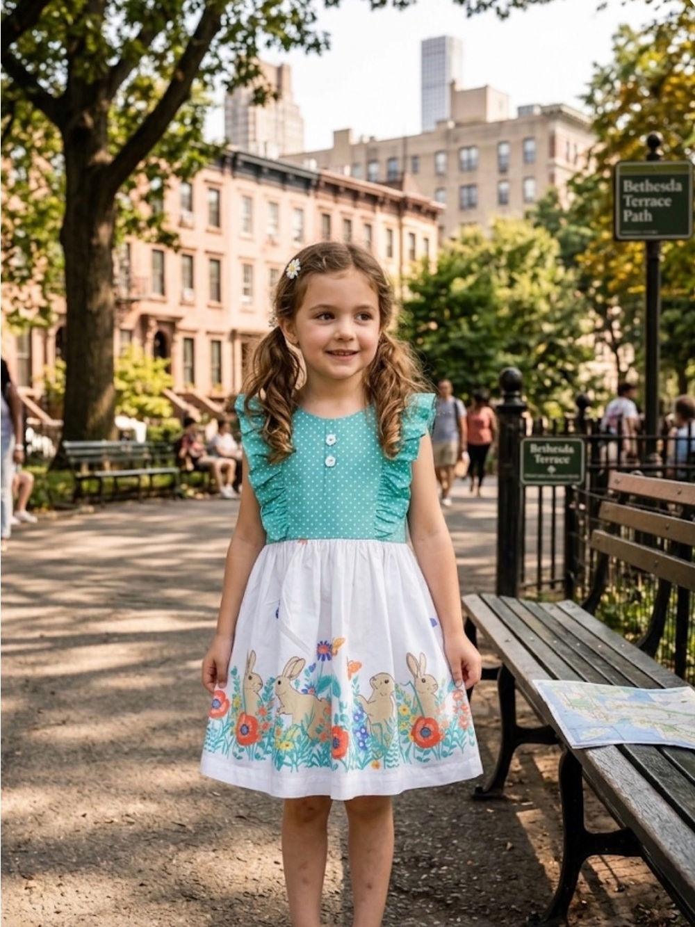 🧸Eleanor Rose Teal Polka Dot & White Bunny Floral Dress size 5-6 GUC